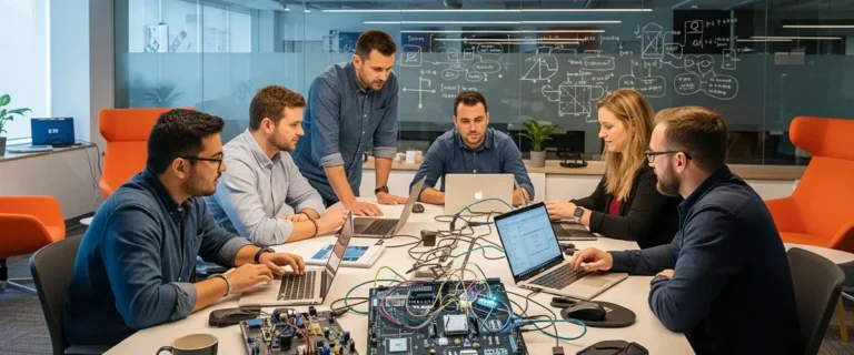 Diverse team of C++ software engineers collaborating in a modern office with embedded development hardware and orange accent furniture