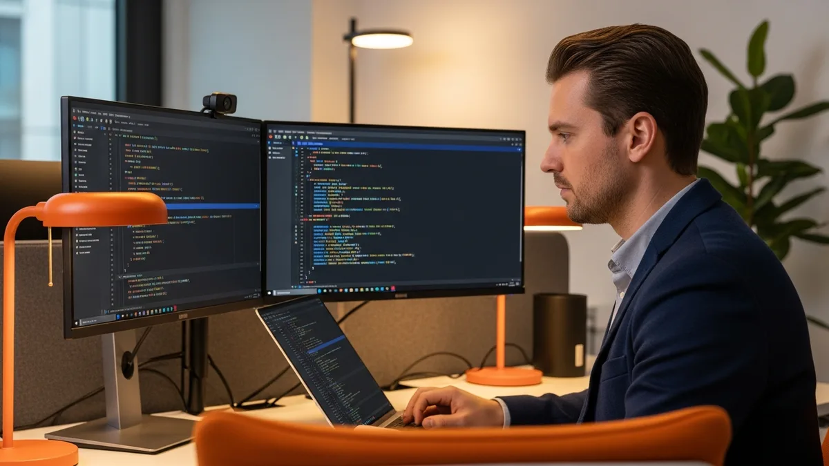 Senior C# .NET developer reviewing ASP.NET Core code on dual monitors in a modern tech office