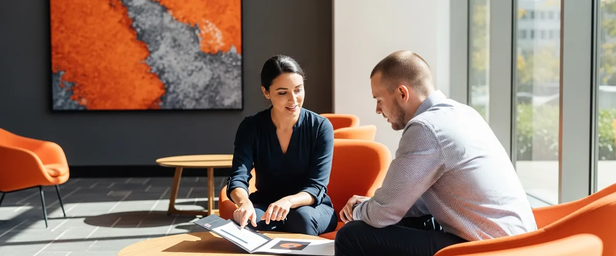 Engineering hiring manager reviewing C# .NET developer candidate portfolio in a bright modern office lobby