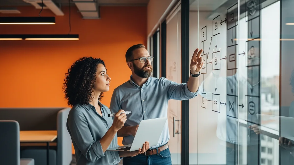 Two data platform engineers reviewing a data architecture diagram on a whiteboard with laptops open in a modern collaborative tech workspace