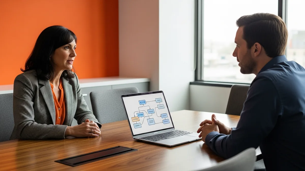 Hiring manager interviewing a senior data platform engineering candidate at a conference table with a laptop showing system architecture diagrams