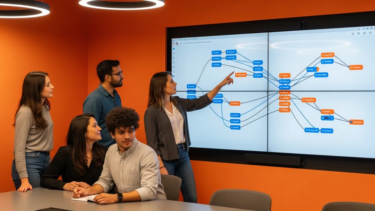 Data platform engineering team in a collaborative working session reviewing an Airflow DAG and orchestration architecture on a large screen