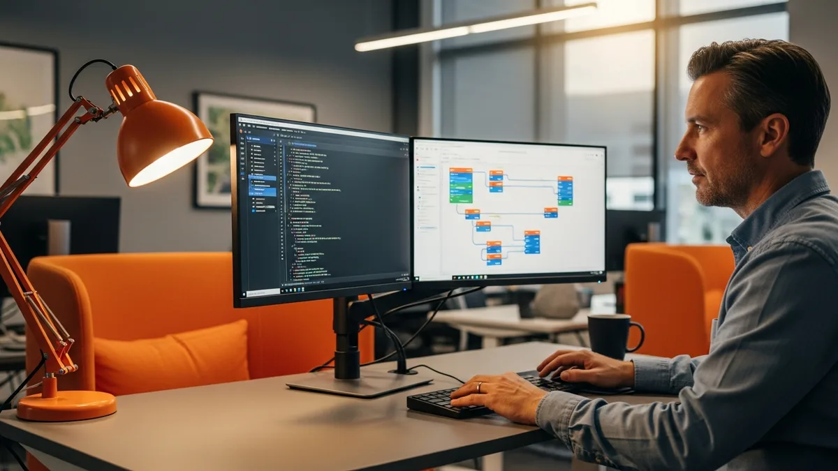 Senior data platform engineer reviewing Snowflake warehouse and dbt project structure on dual monitors in a modern tech office