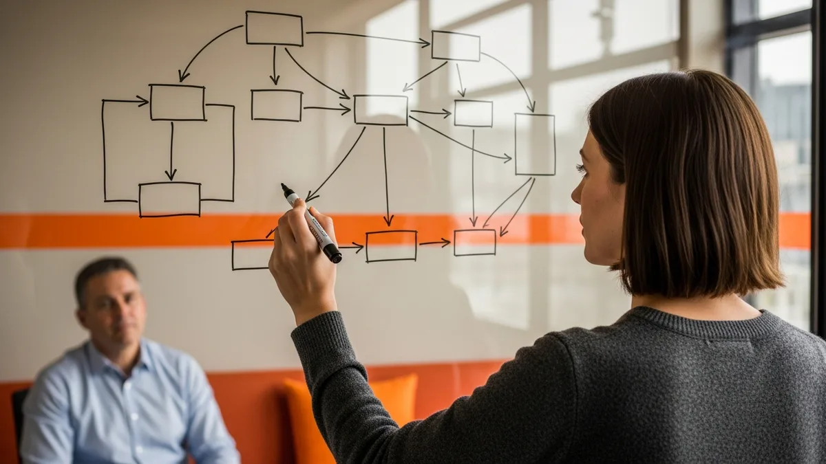 Data scientist job candidate sketching a causal inference diagram on a glass whiteboard during a structured screening interview