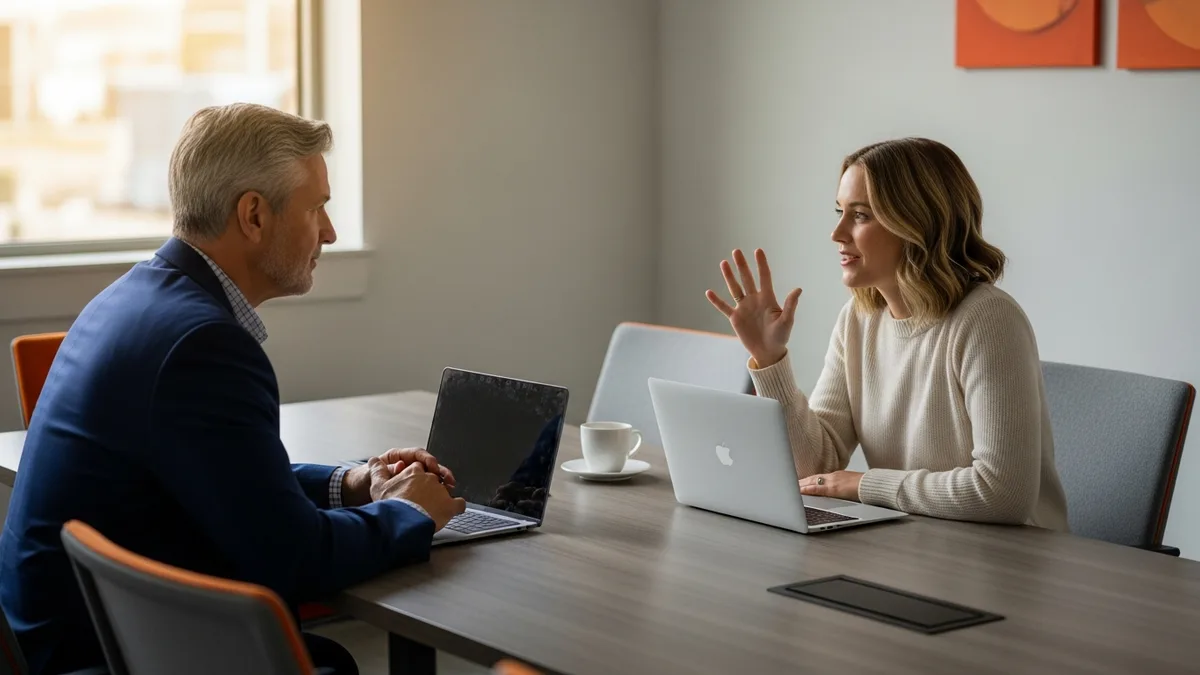 Hiring manager and KORE1 technical recruiter debriefing in a conference room after a data scientist interview