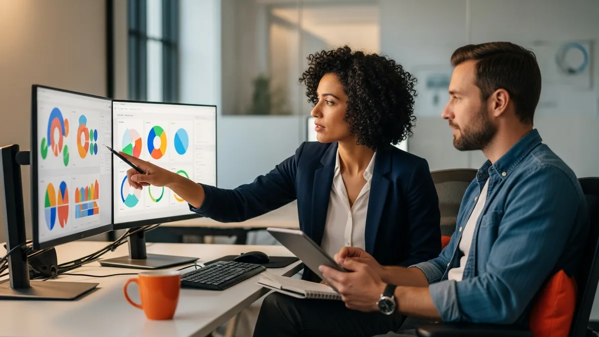 Senior product data scientist and product manager reviewing experiment results on a multi-monitor workstation