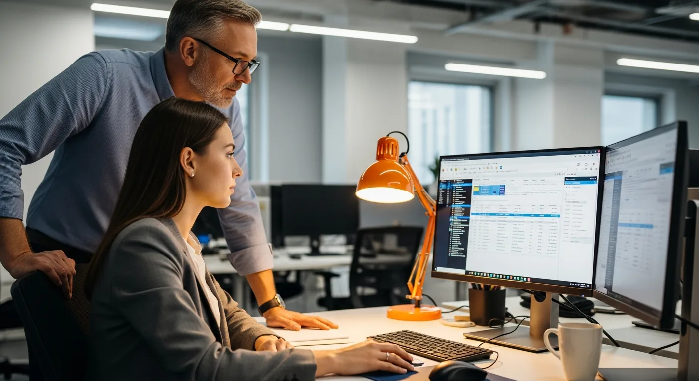 New database administrator being onboarded by a senior DBA mentor at a modern office workstation