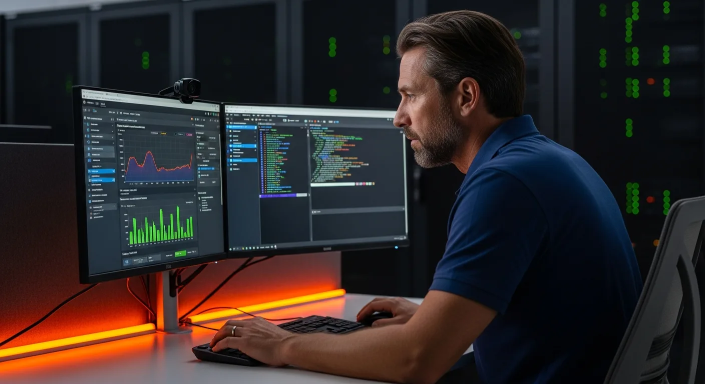 Senior database administrator monitoring query performance and server health metrics at a dual-monitor workstation