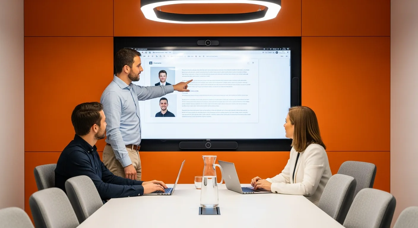 IT staffing team reviewing database administrator candidate profiles on a conference room display