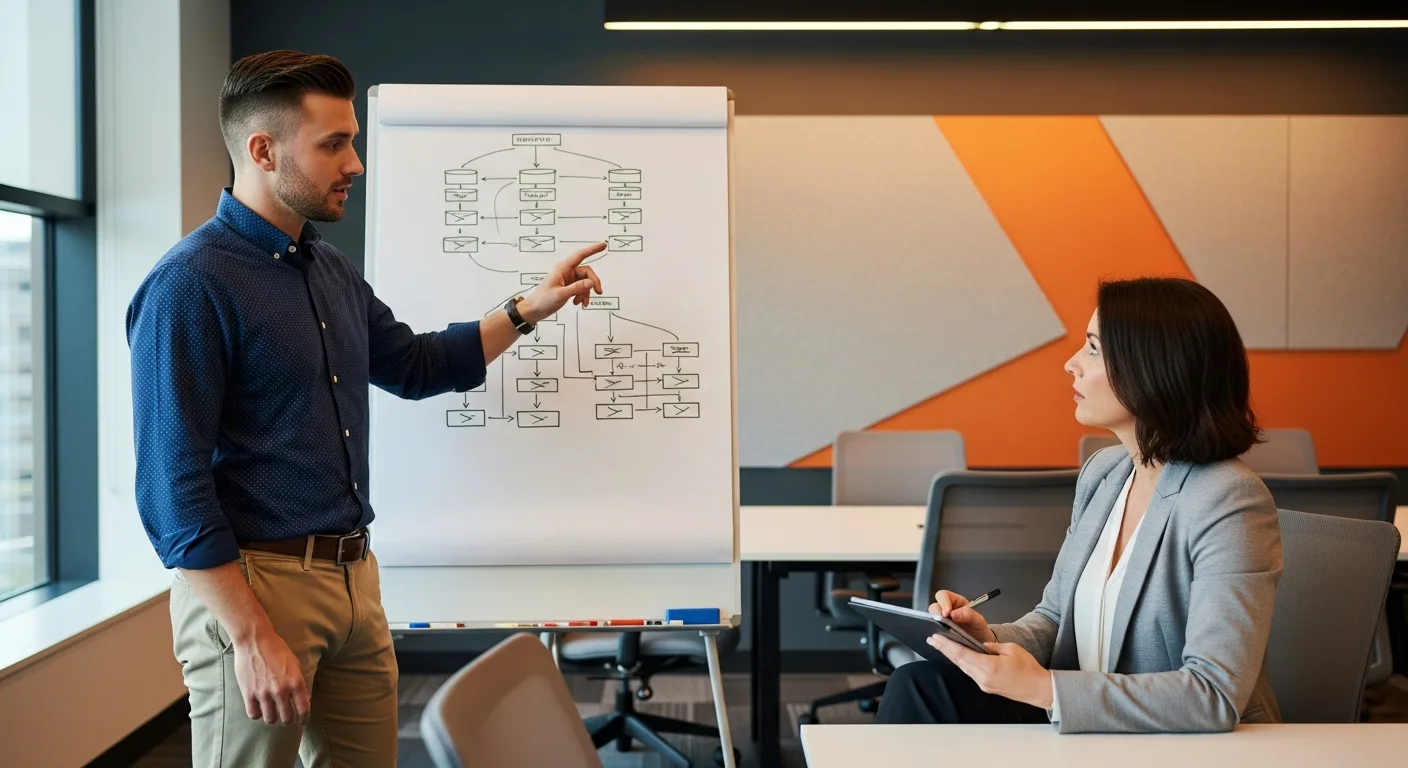 Database administrator candidate discussing schema design at a whiteboard during a technical interview with hiring manager