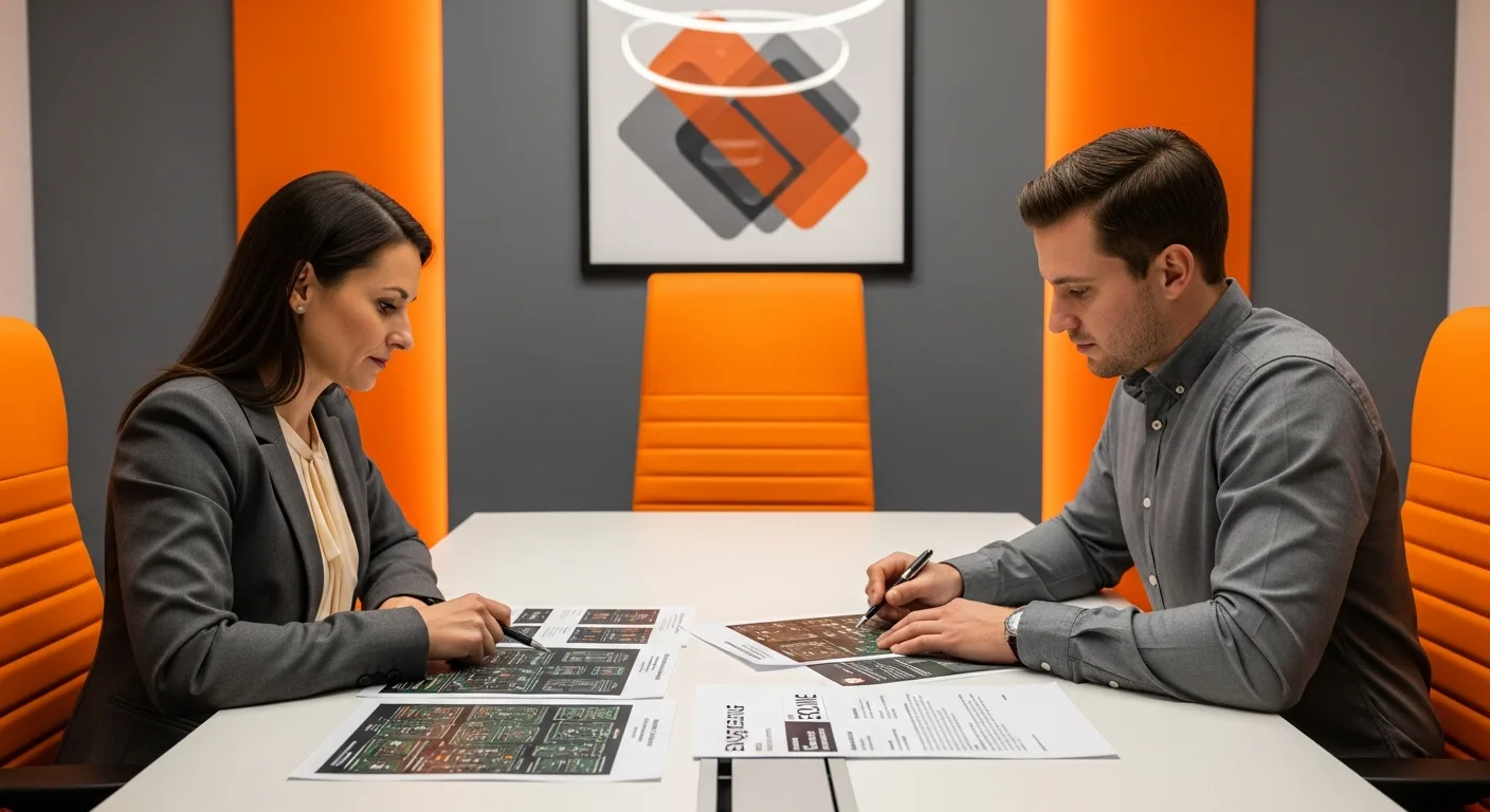Hiring manager and recruiter reviewing an electrical engineering portfolio with circuit diagrams during an interview debrief