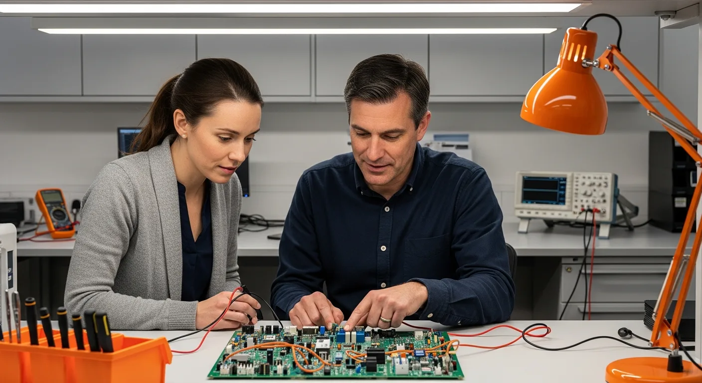 Two electrical engineers reviewing a populated PCB on a lab bench during a hardware design review