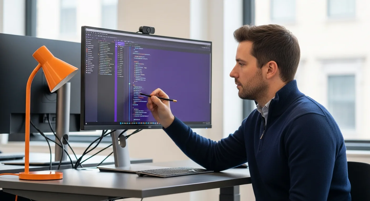 Senior Elixir developer writing functional programming code at a modern dual-monitor workstation