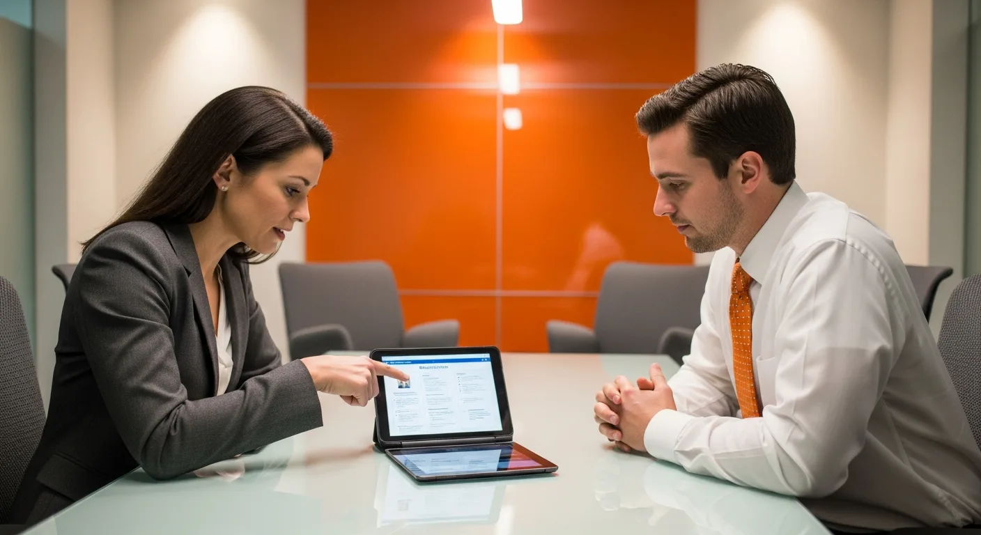 Hiring manager and recruiter reviewing Elixir developer candidate profiles at conference table