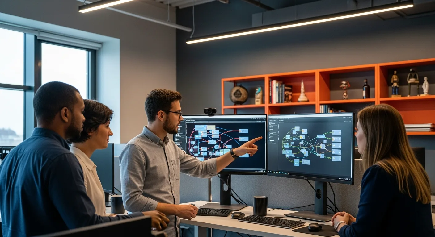Elixir engineering team collaborating on distributed system architecture at standing desk