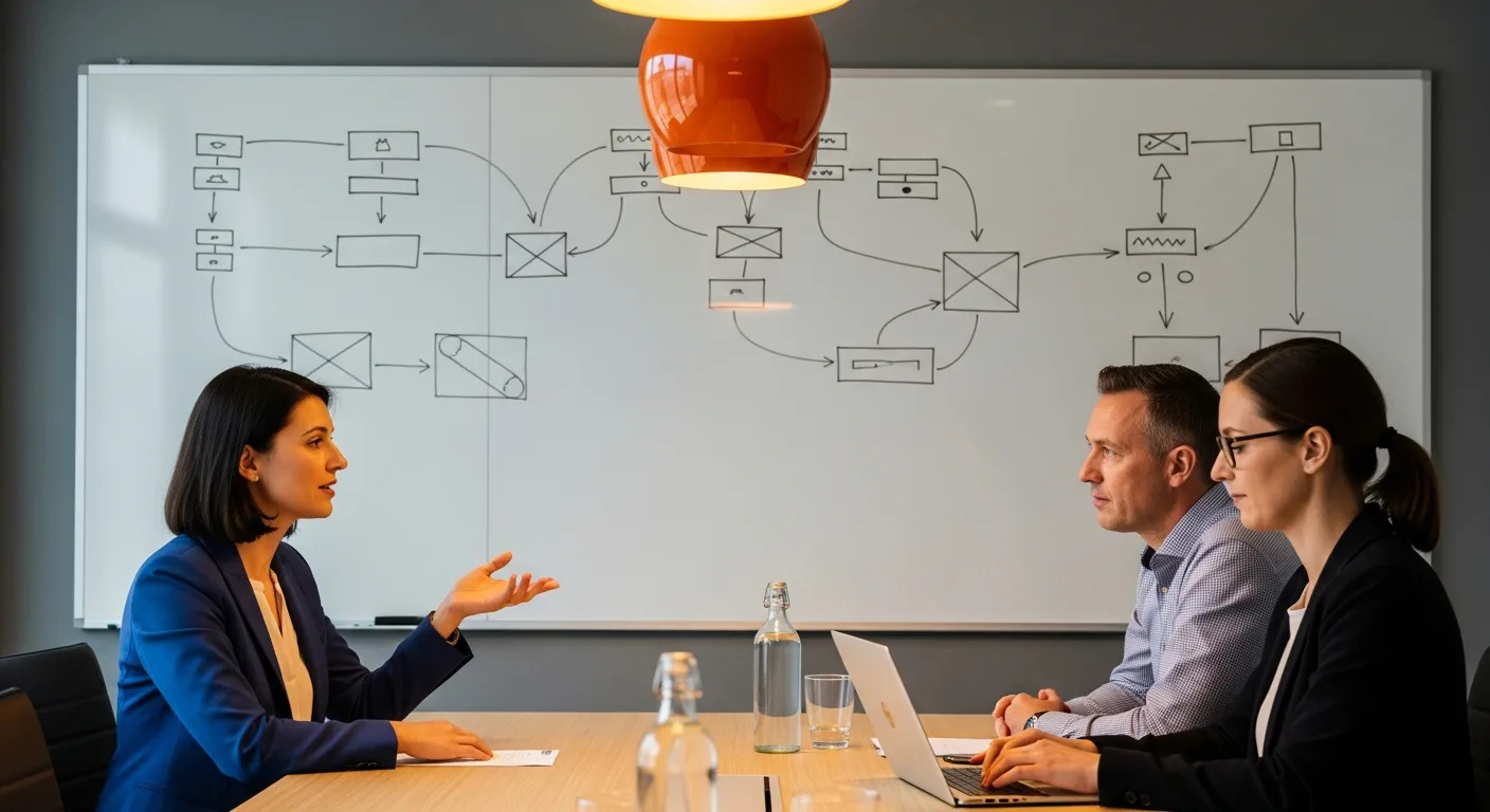 Technical interview panel evaluating Elixir developer candidate with system architecture whiteboard
