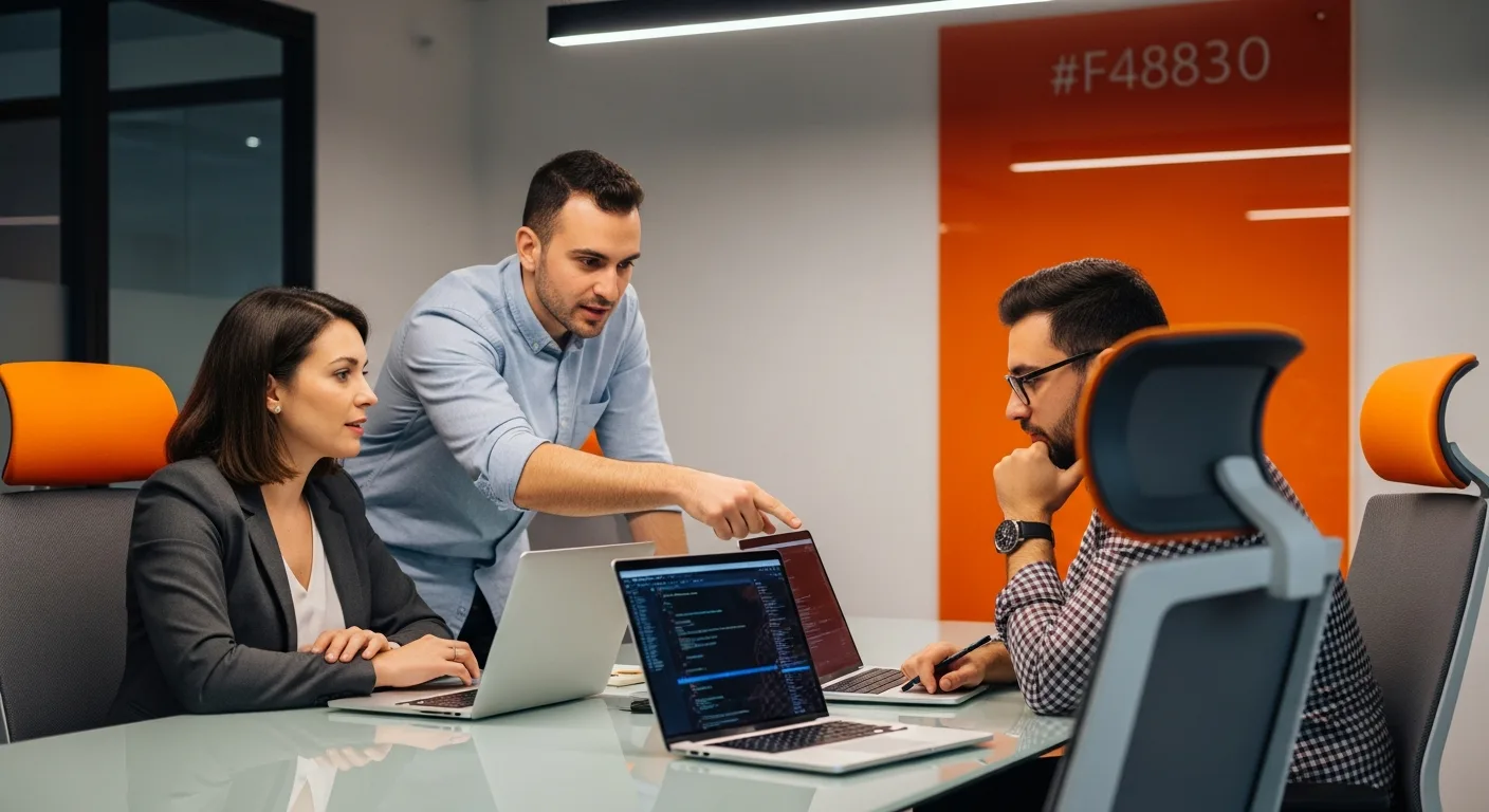 Three software engineers at a glass conference table reviewing code together during a code review session