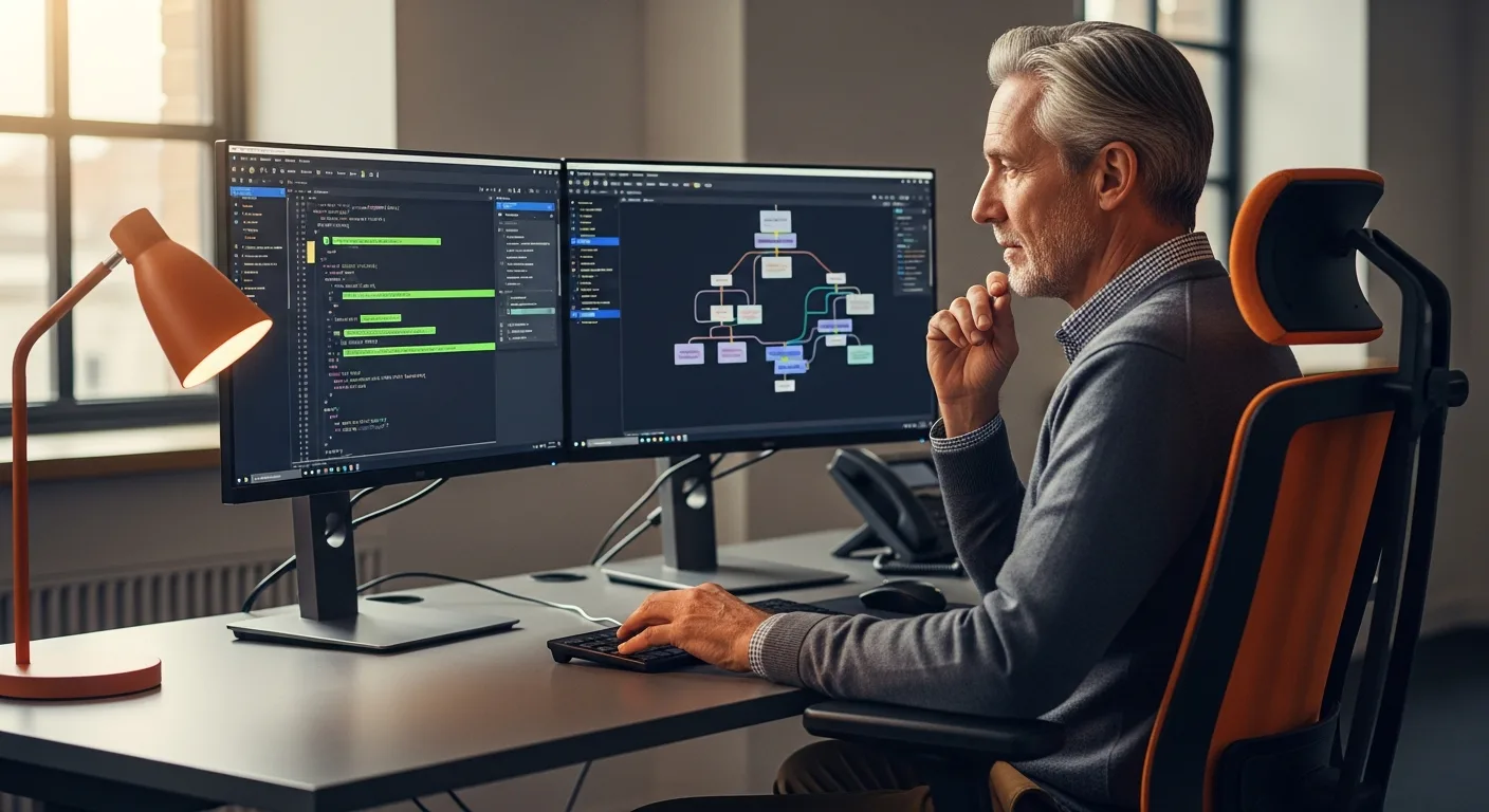 Senior software engineer reviewing AI-generated code on a dual-monitor workstation in a modern office, hand near keyboard