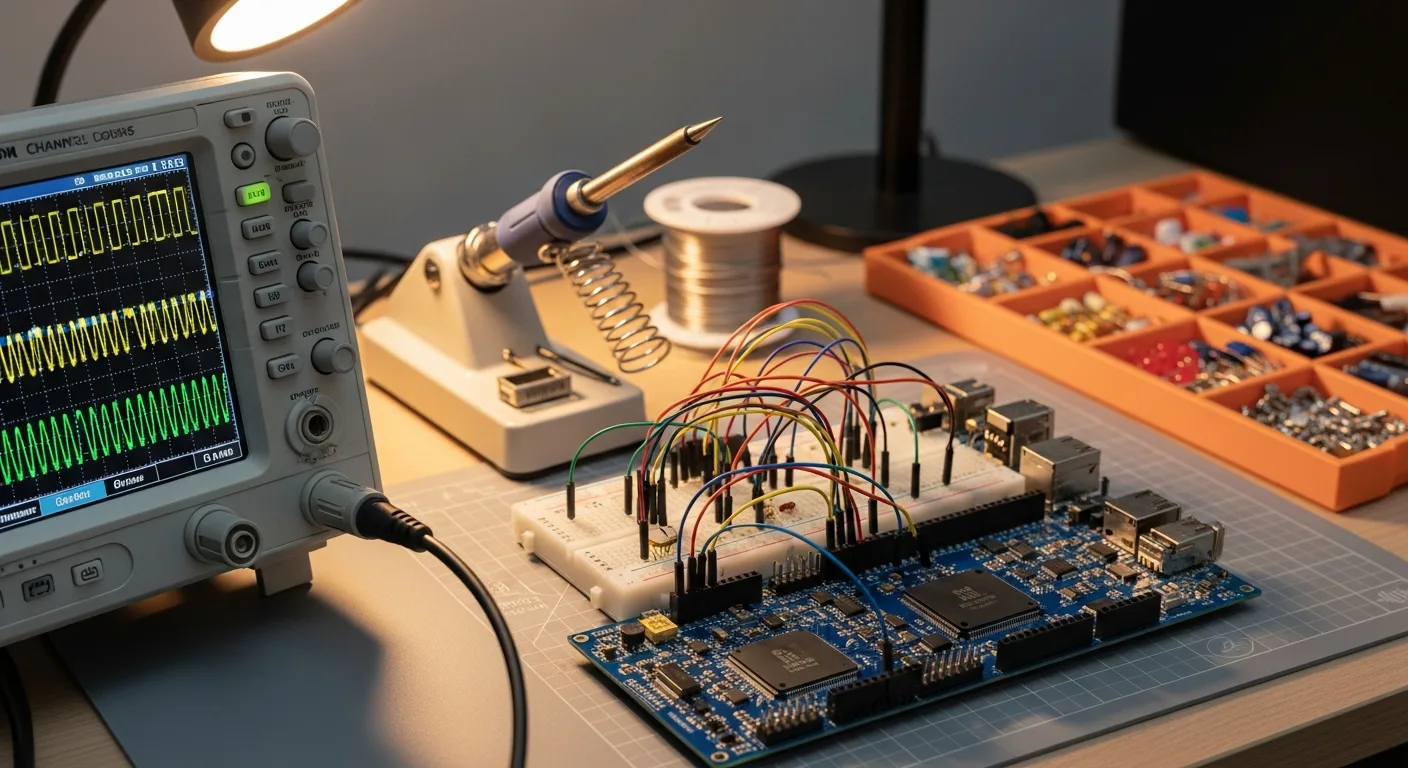 Embedded firmware development workspace with digital oscilloscope waveforms and ARM Cortex-M development board