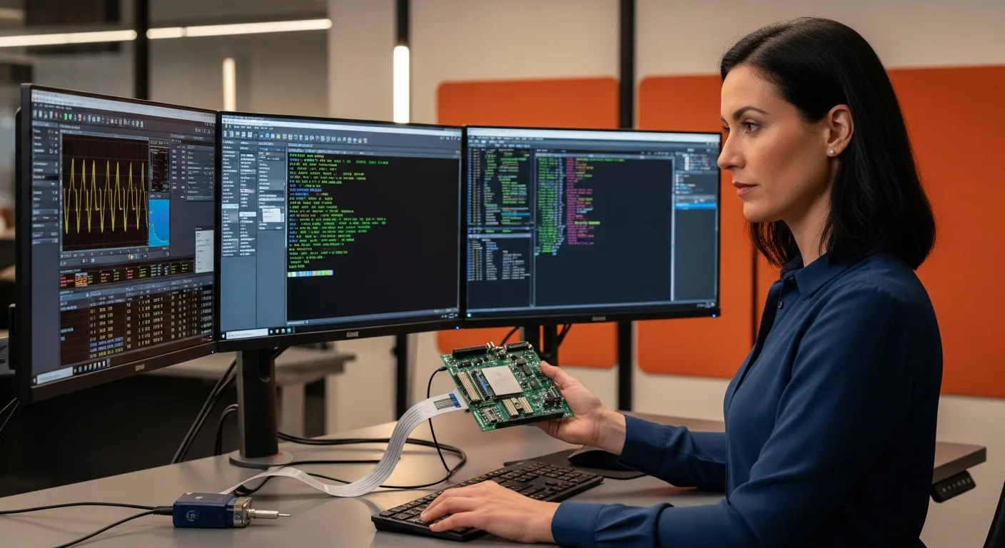 Firmware engineer examining custom PCB board with JTAG debug probe at embedded development workstation