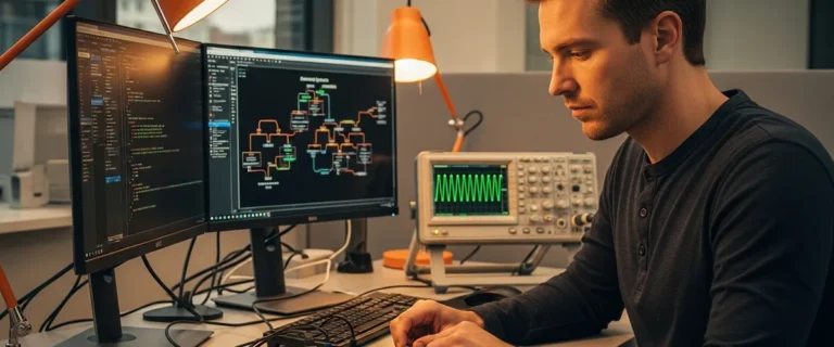 Firmware engineer at dual-monitor workstation with oscilloscope and ARM Cortex microcontroller development board