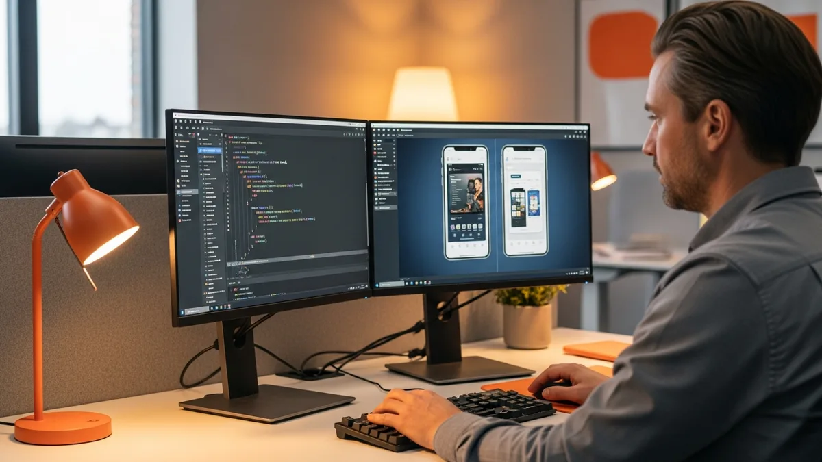 Senior Flutter developer reviewing Dart code on a dual-monitor workstation alongside iOS and Android simulators showing a Flutter app