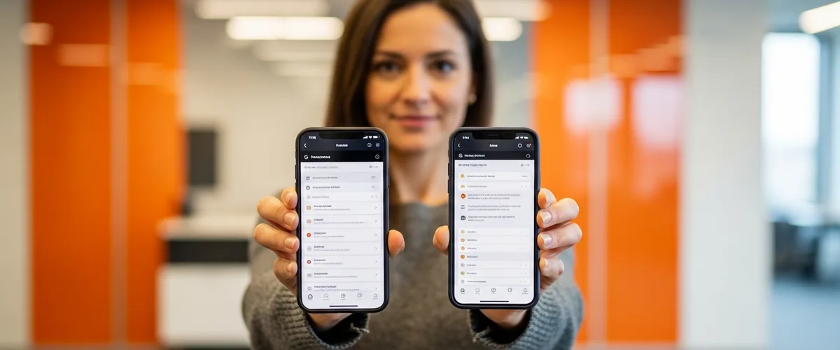 Flutter developer holding two phones showing the same Flutter cross-platform app rendered on iOS and Android
