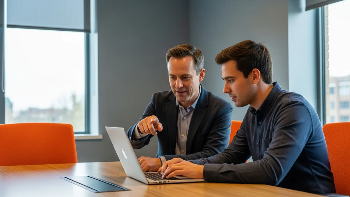 Hiring manager and Flutter developer candidate pair programming on a laptop during a Flutter technical interview