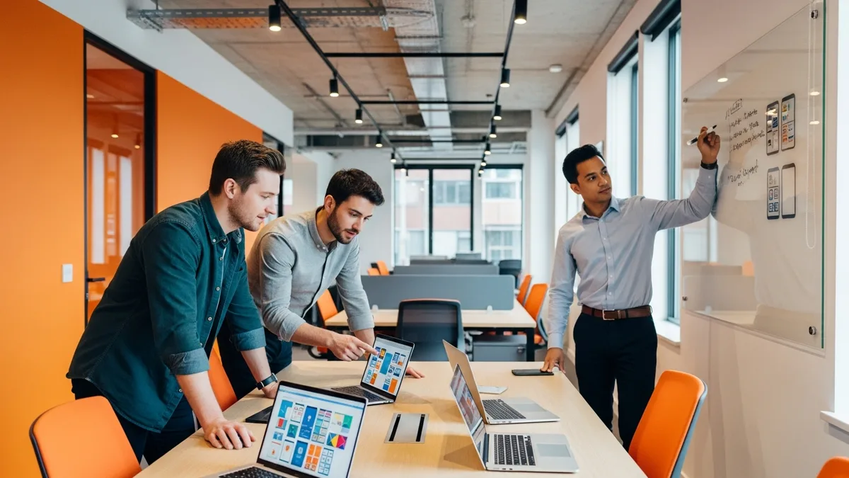 Flutter mobile development team collaborating on cross-platform app design around laptops in a modern office