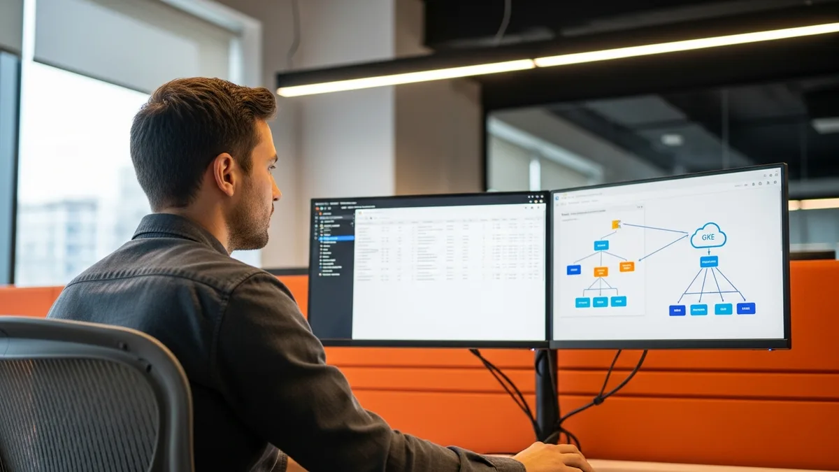 GCP cloud engineer reviewing cloud console dashboards and GKE cluster architecture on dual monitors in a modern tech workspace