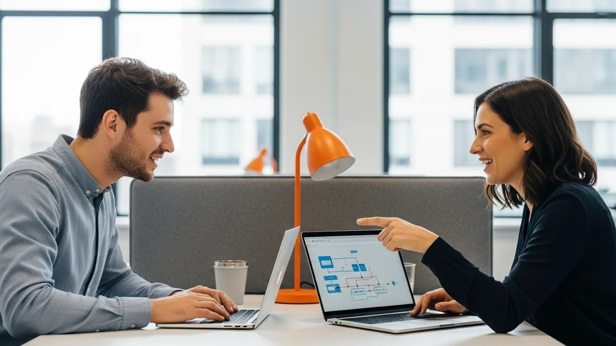Two GCP cloud engineers collaborating on BigQuery data pipeline architecture at laptops in a modern office