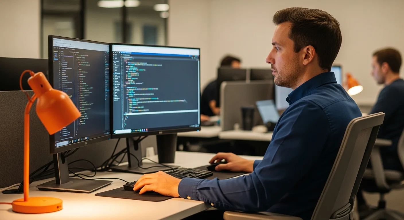 Senior Go developer writing Go API code at a dual-monitor workstation in a modern tech office