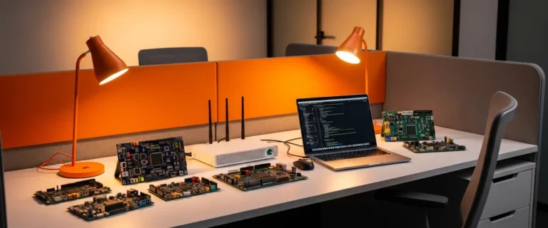 IoT engineering workspace with embedded development boards and cloud monitoring tools for hiring guide 2026