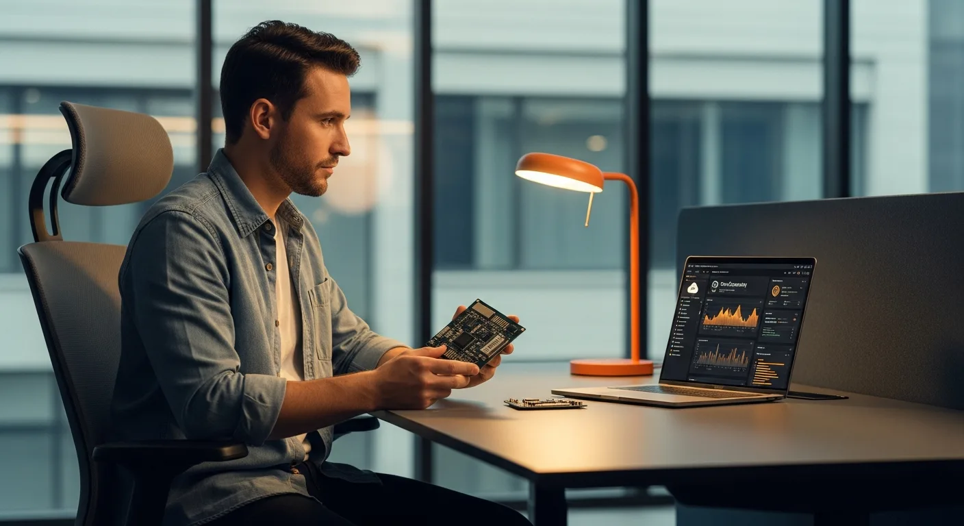 IoT engineer examining circuit board while reviewing AWS IoT Core cloud dashboard on dual monitors at tech workstation