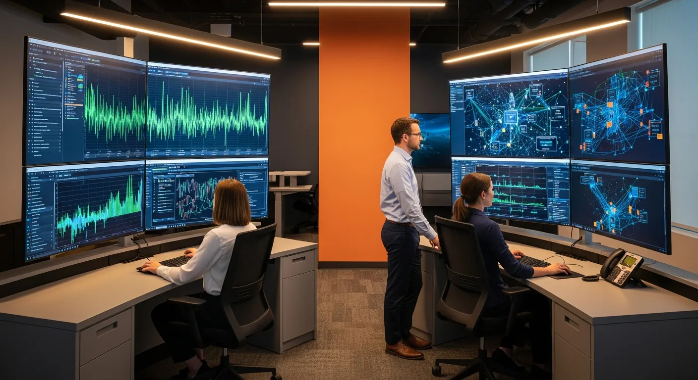 Industrial IoT engineers reviewing real-time sensor data dashboards on large screens in a modern operations center