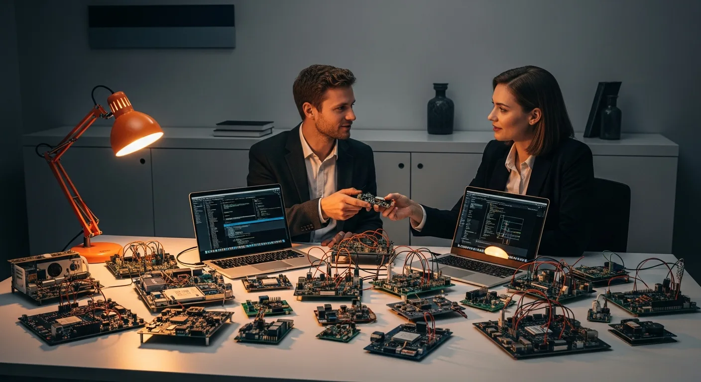 Two IoT engineers collaborating over IoT hardware prototyping setup with circuit boards and laptops in a modern tech office