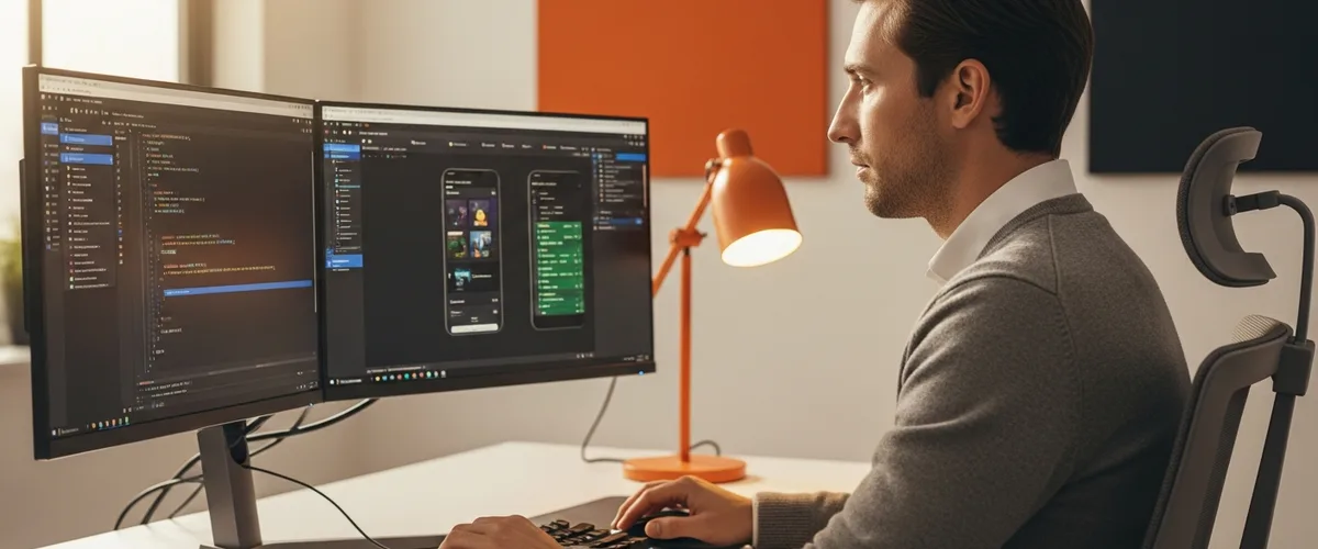 Kotlin Android developer at a modern workstation reviewing a mobile UI build on dual monitors in a sunlit office