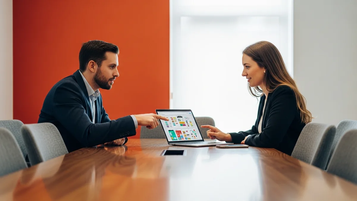 Technical hiring manager interviewing an Android developer candidate over a laptop showing mobile UI work in a modern conference room