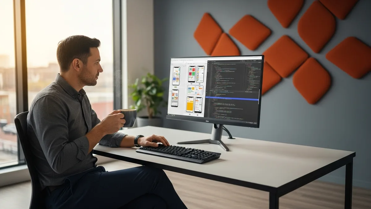 Senior Kotlin Android engineer reviewing a Jetpack Compose UI alongside code on a large monitor in a modern office