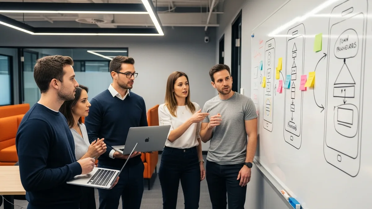 Small mobile engineering team gathered around a whiteboard mapping out Android app architecture with sticky notes