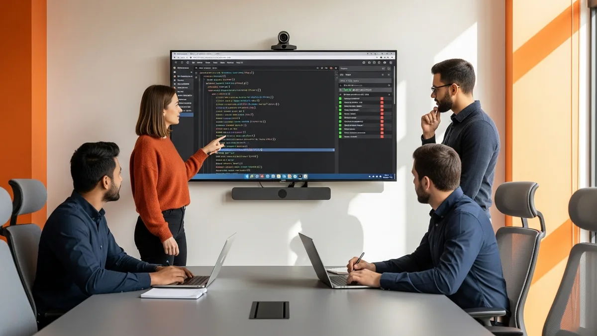 Engineering team conducting a code review of an LLM evaluation framework on a large monitor in a modern conference room