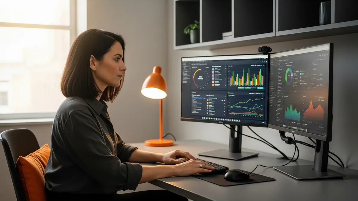 LLM engineer reviewing model evaluation dashboards and token usage charts on dual monitors at a tech workspace