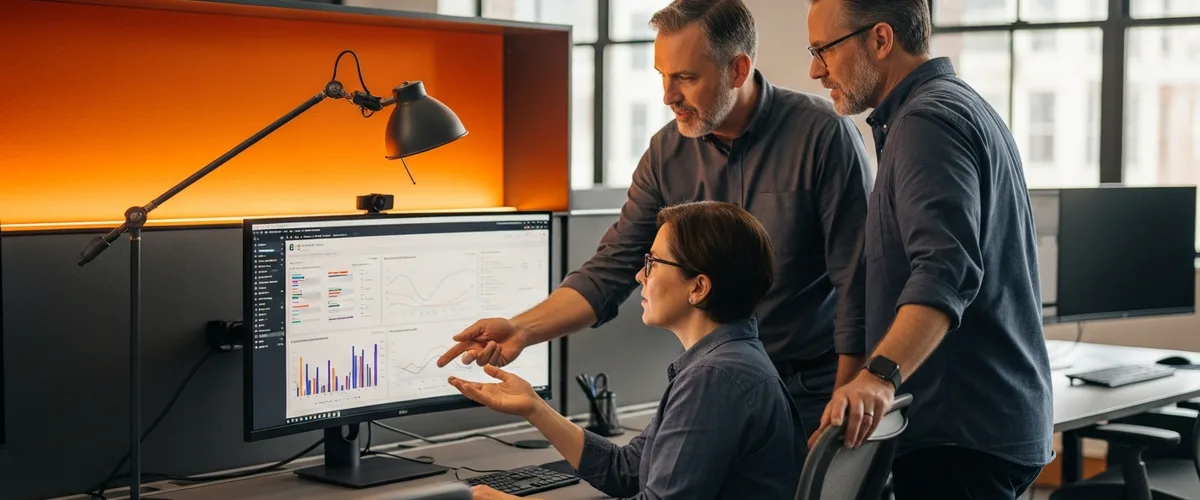 Software engineering team collaborating on LLM model evaluation and inference cost dashboards in a modern tech office