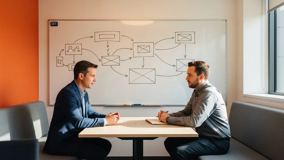 Hiring manager interviewing an LLM engineering candidate with RAG architecture diagrams sketched on a whiteboard