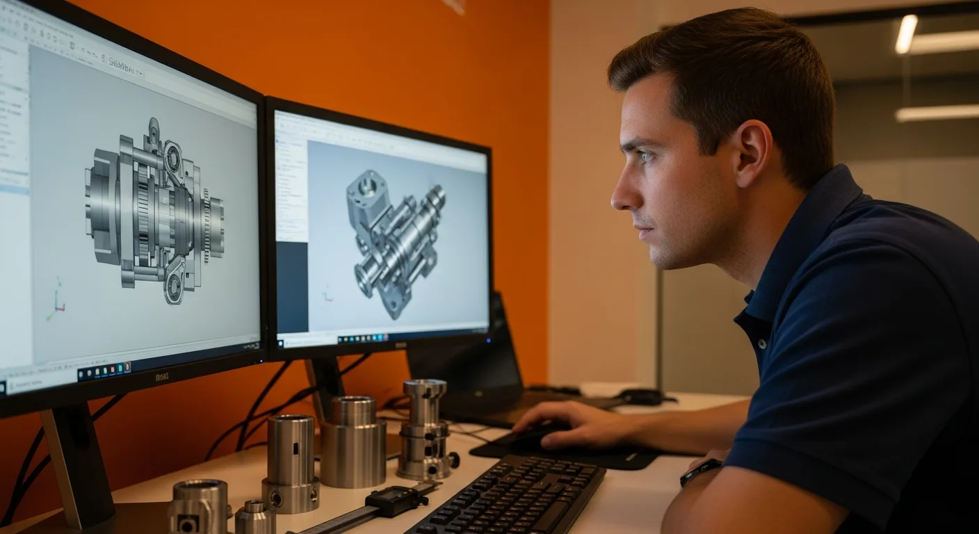 Mechanical engineer working at a SolidWorks CAD workstation designing a 3D mechanical assembly with prototype parts on the desk
