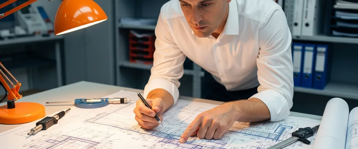 Mechanical engineer reviewing a detailed technical engineering drawing at a drafting table with precision measurement tools