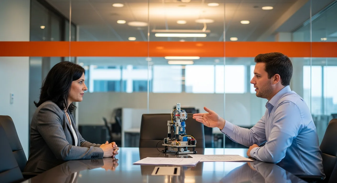 Hiring manager interviewing a mechanical engineer candidate in a conference room with engineering drawings and a prototype on the table
