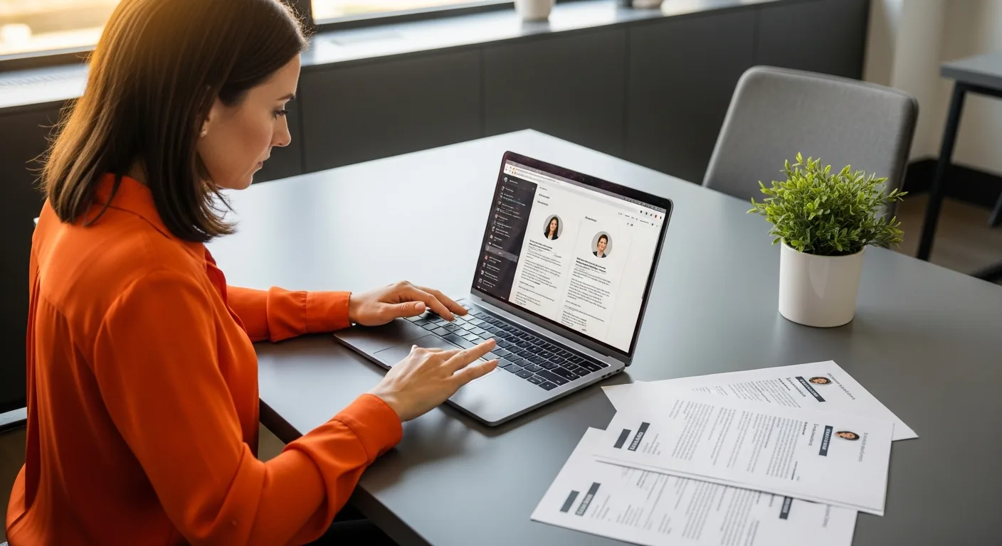 Engineering staffing recruiter reviewing mechanical engineer candidate profiles and resumes at her desk