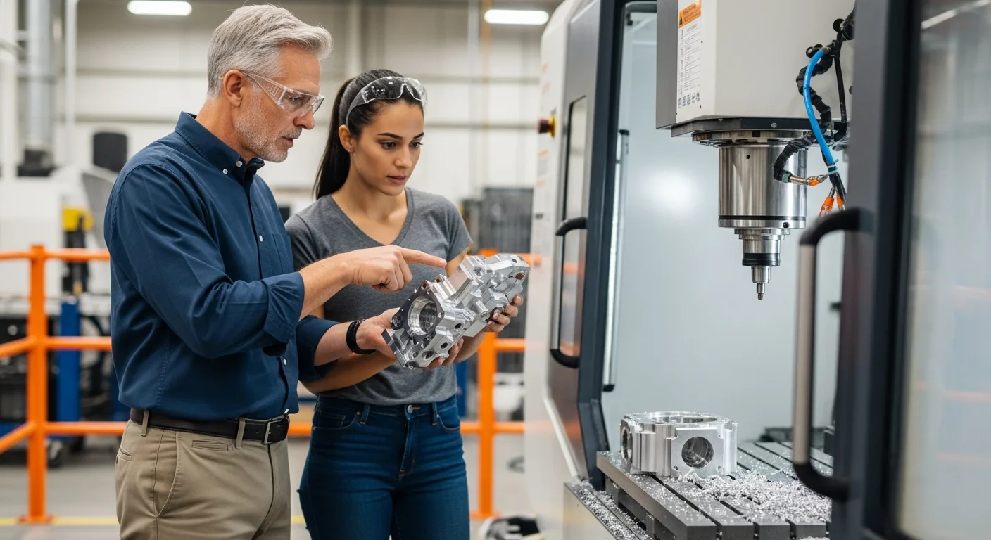 Senior mechanical engineer mentoring a junior engineer while inspecting a machined part on the manufacturing floor next to a CNC machine