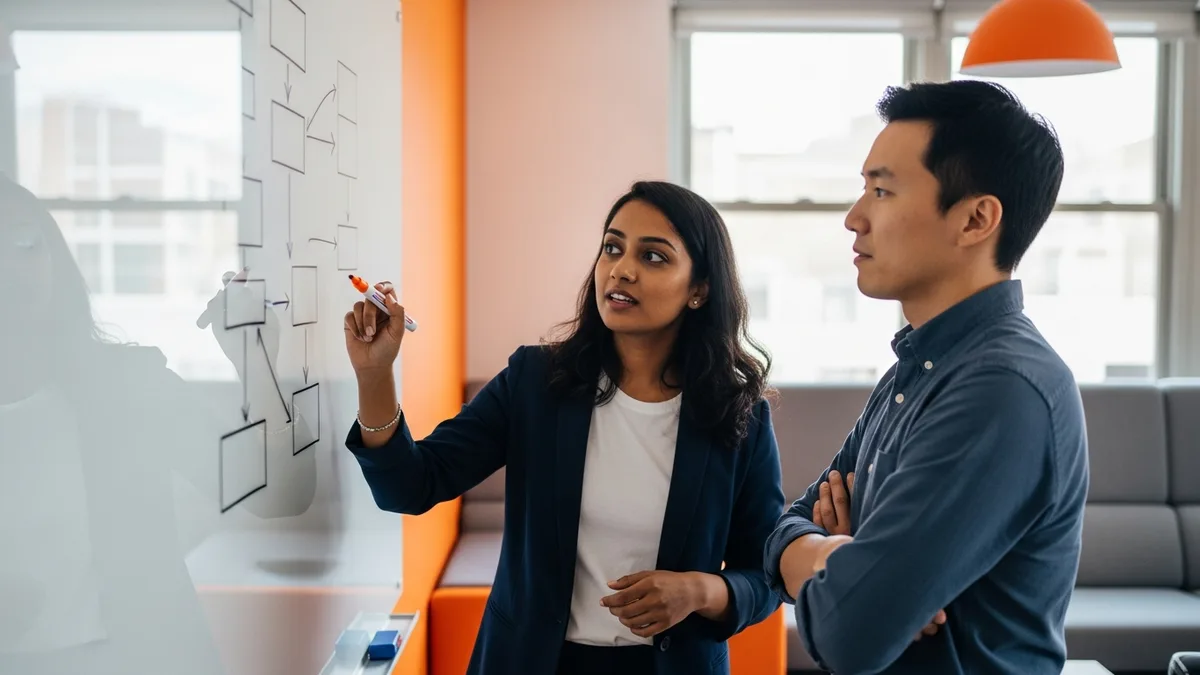 Two ML platform engineers at a whiteboard sketching a feature store and training pipeline architecture diagram during a planning session